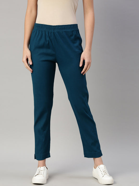 Womens Stretchable Solid Cigar Pant - Baleno Blue