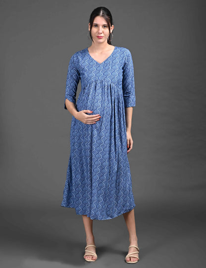 Blue-Colored Maternity 3/4th Gown