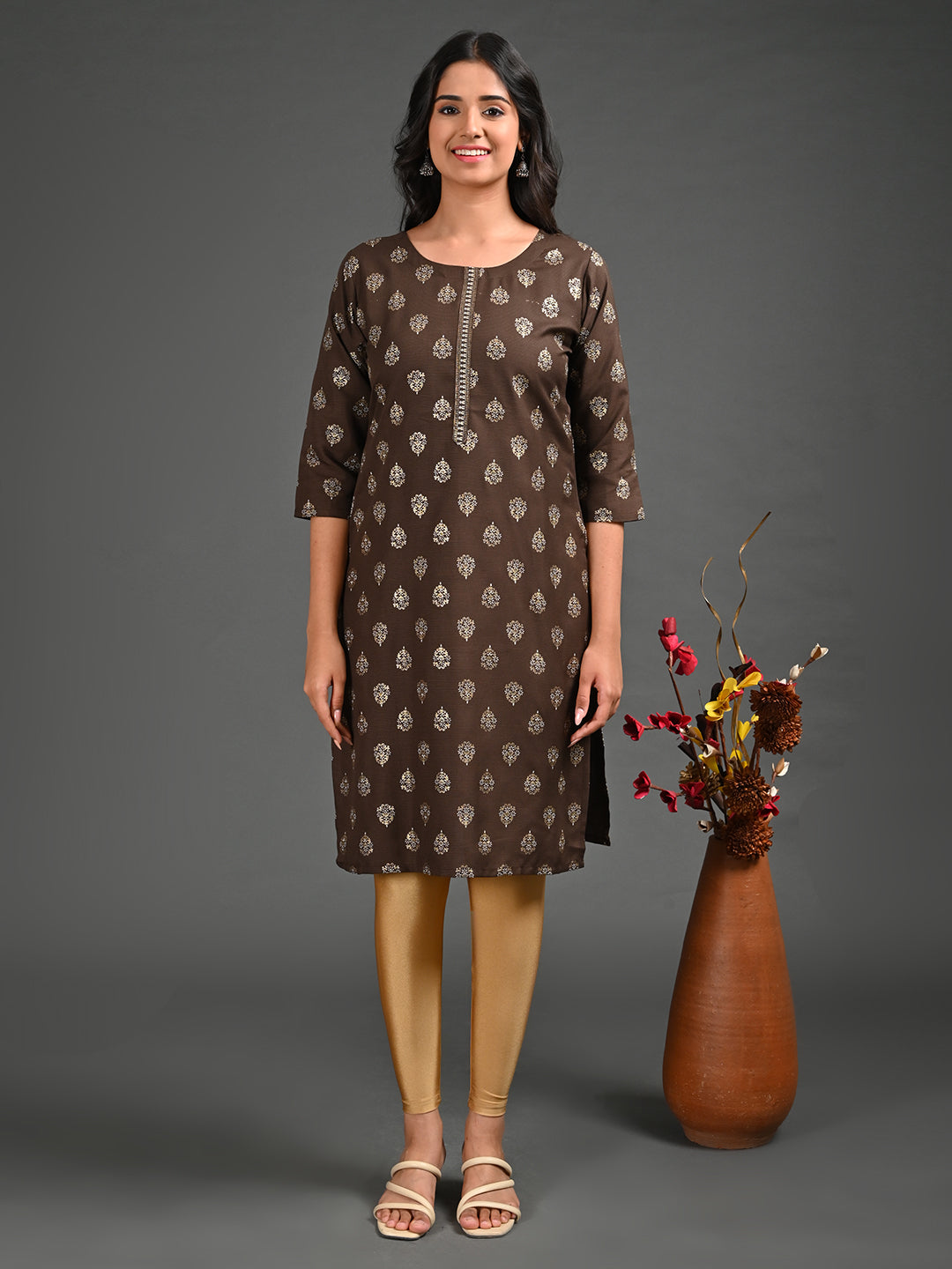 Womens Coffee-Colored Straight Kurta