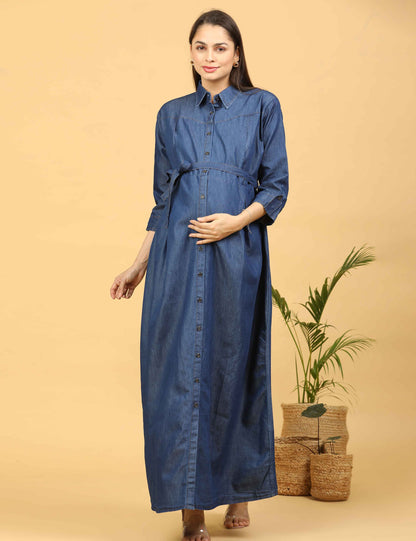 Womens Denim Maternity Long Gown - Blue