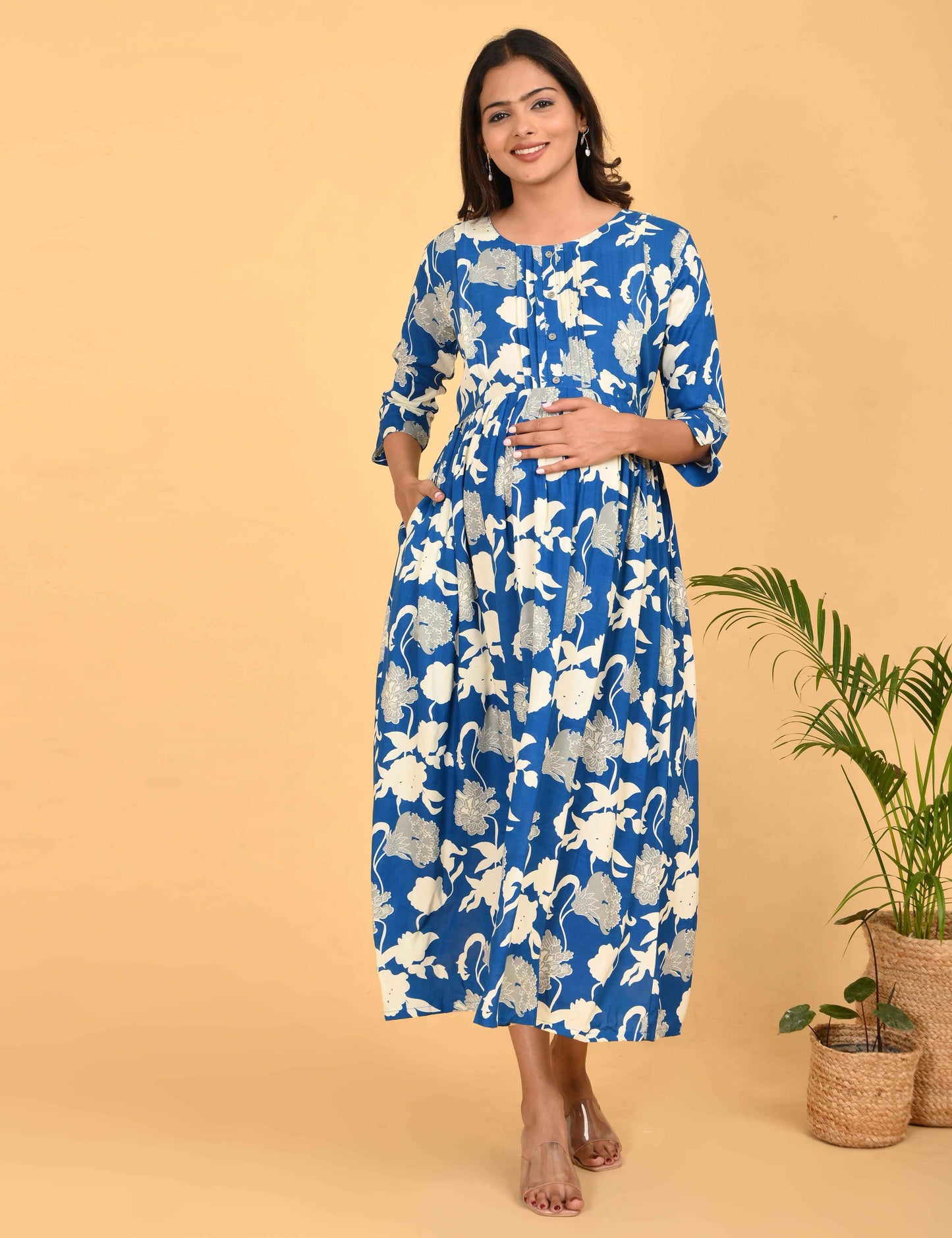 Blue-Colored Maternity 3/4th Gown