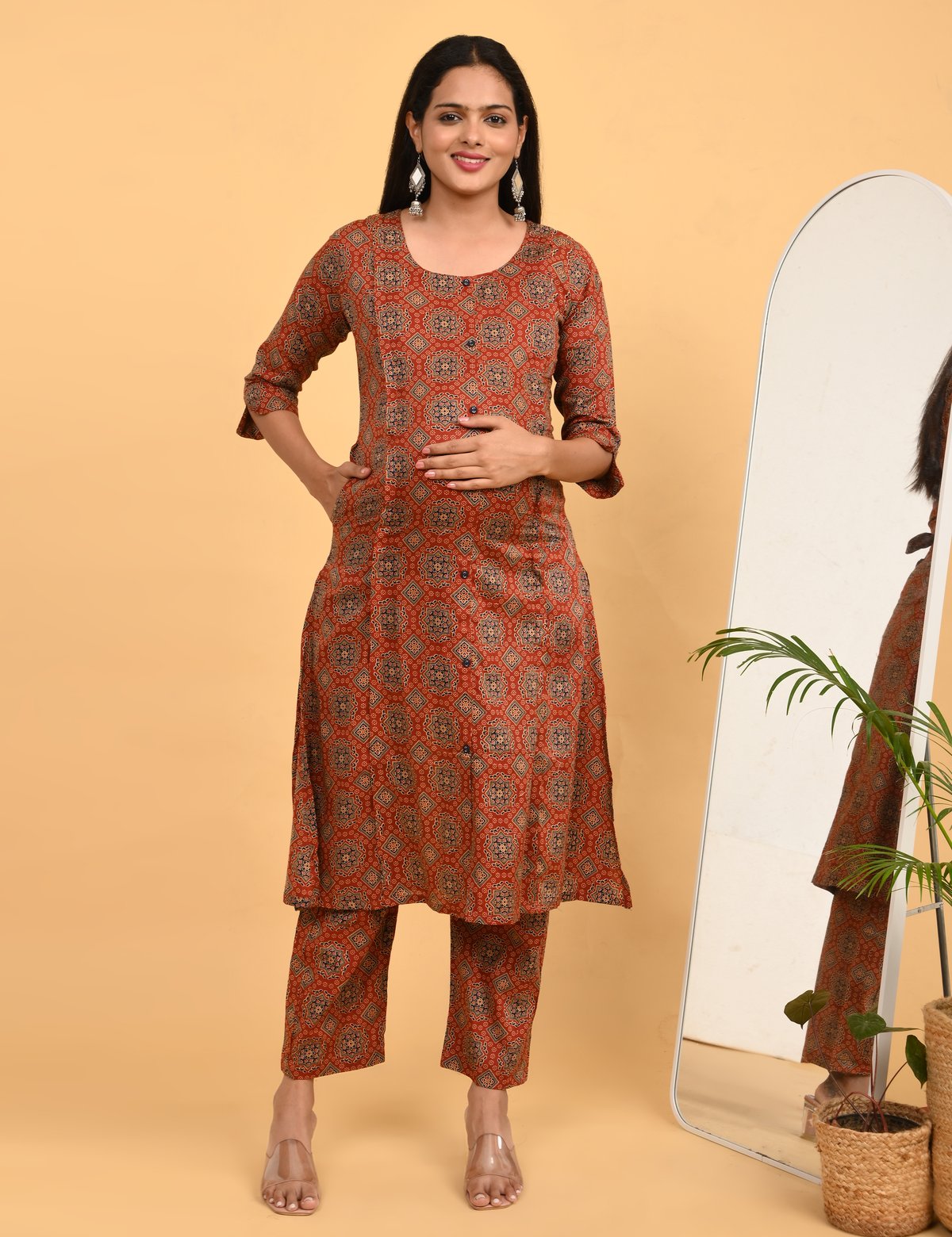Womens Maternity Kurti Pant Set - Rust