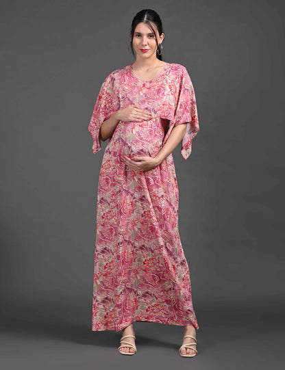 Womens Printed Maternity Long Gown - Pink