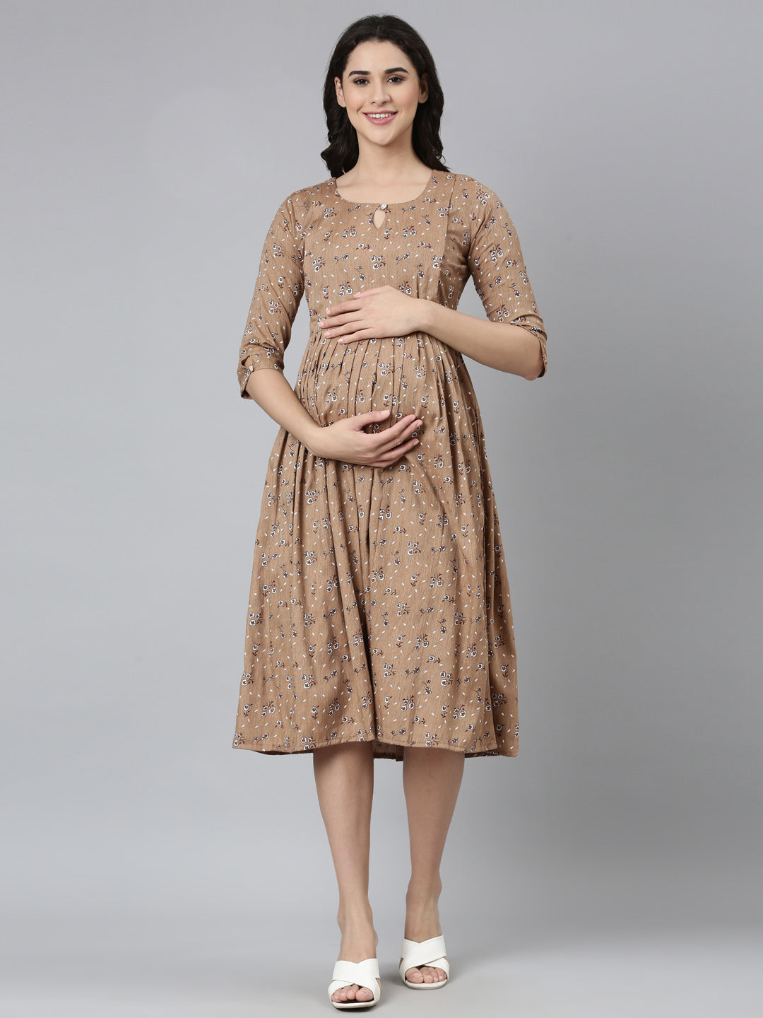 Womens Maternity 3/4th Gown - Khaki