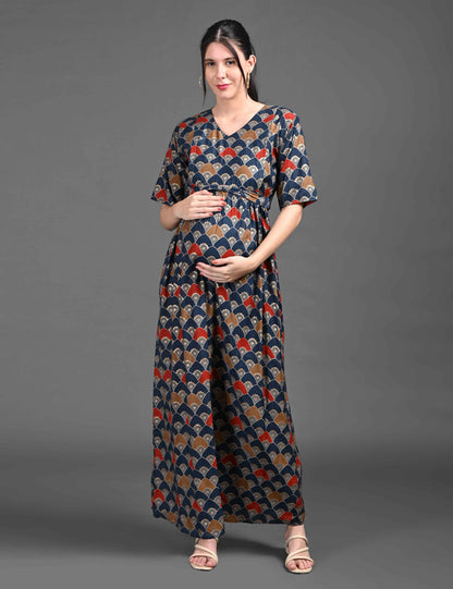 Womens Printed Maternity Long Gown - Indigo