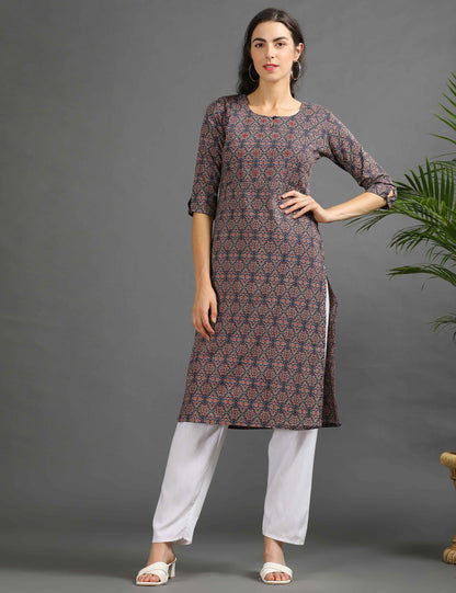 Womens Navy-Colored Printed Feeding Kurta