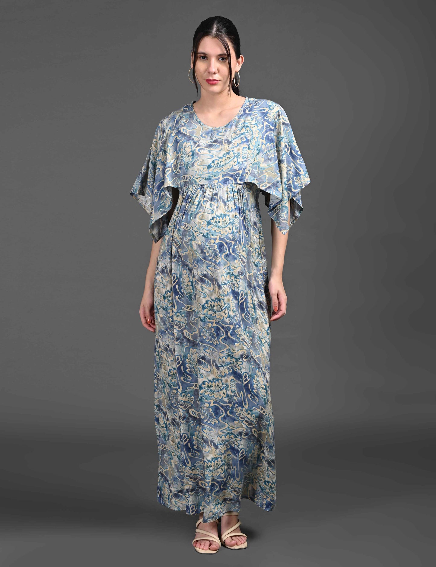 Womens Printed Maternity Long Gown - Blue