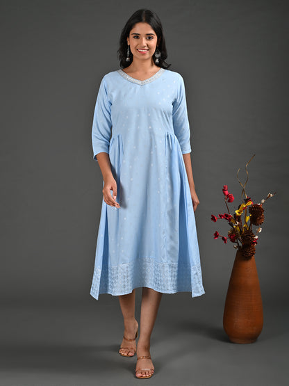 Womens Skyblue-Colored A-Line Kurta