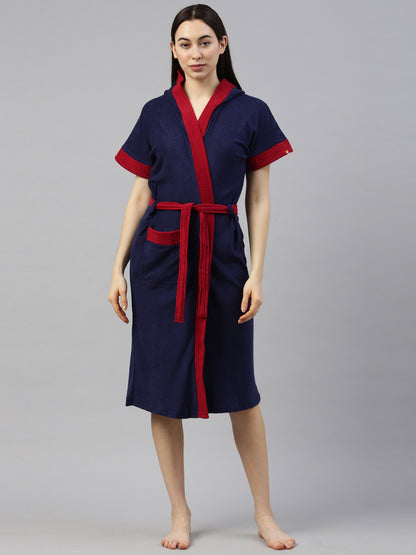 Womens Hooded Bathrobe - Navy Blue