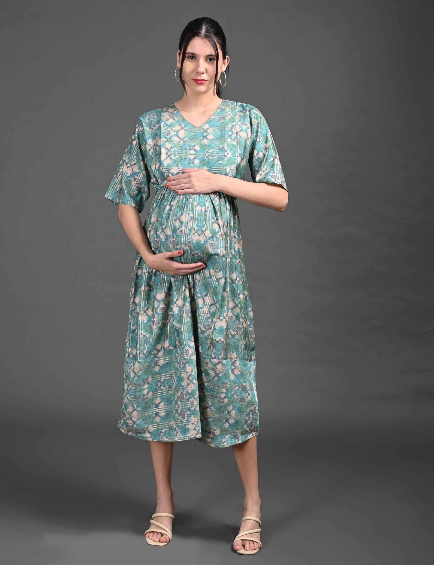 Sea Green-Colored Maternity 3/4th Gown