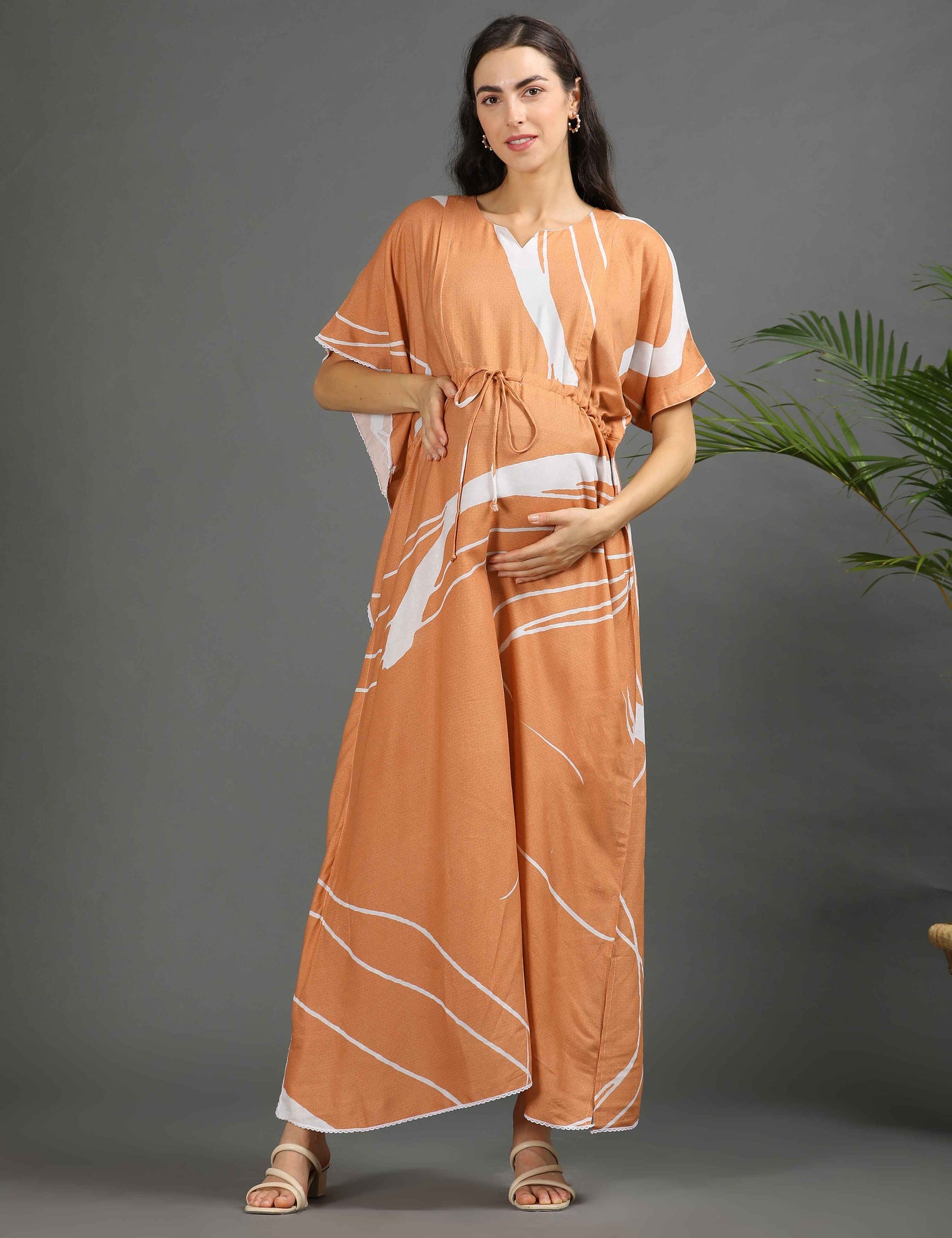 Peach-Colored Maternity Kaftan Long Gown