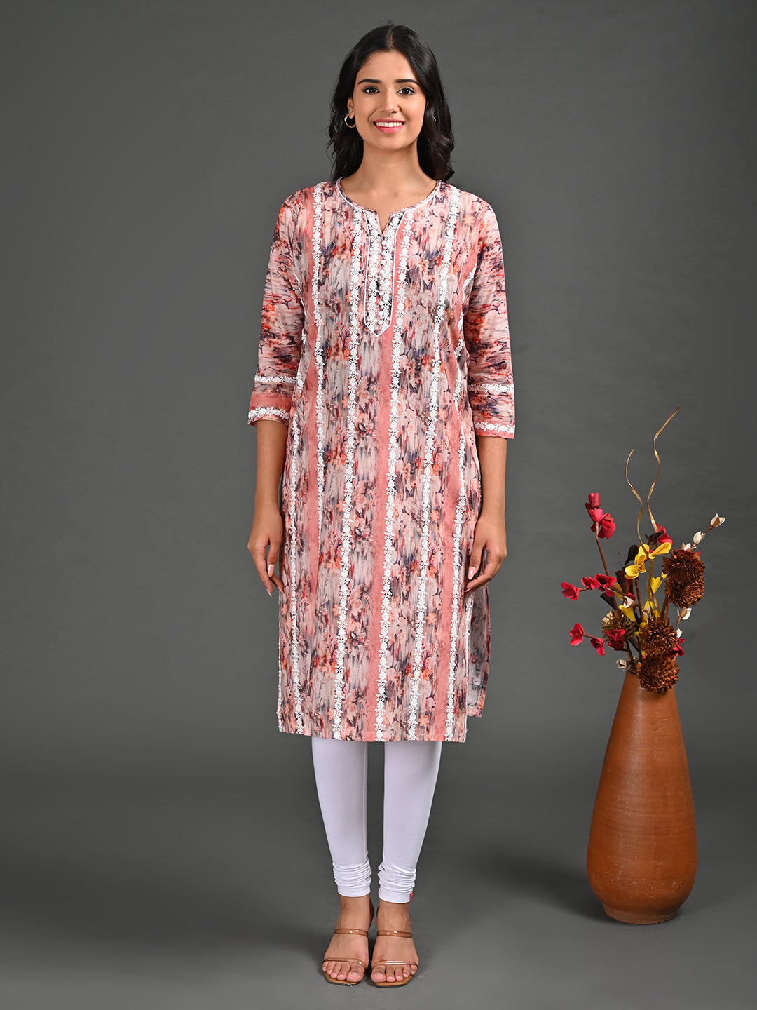 Womens Peach-Colored Straight Kurta