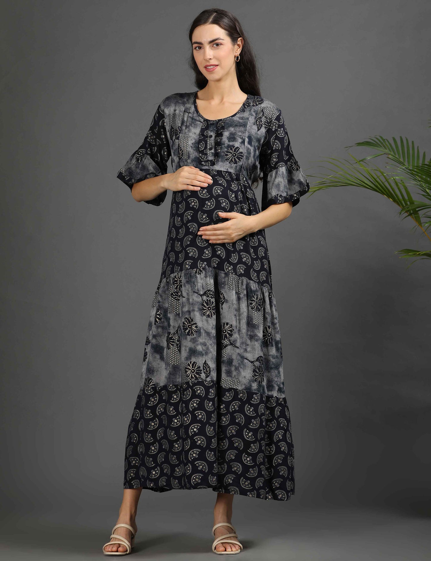 Navy-Colored Maternity Long Gown