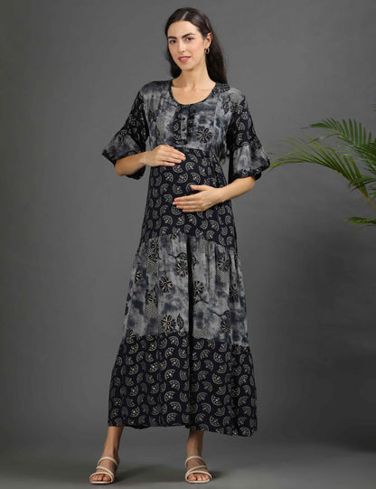 Navy-Colored Maternity Long Gown