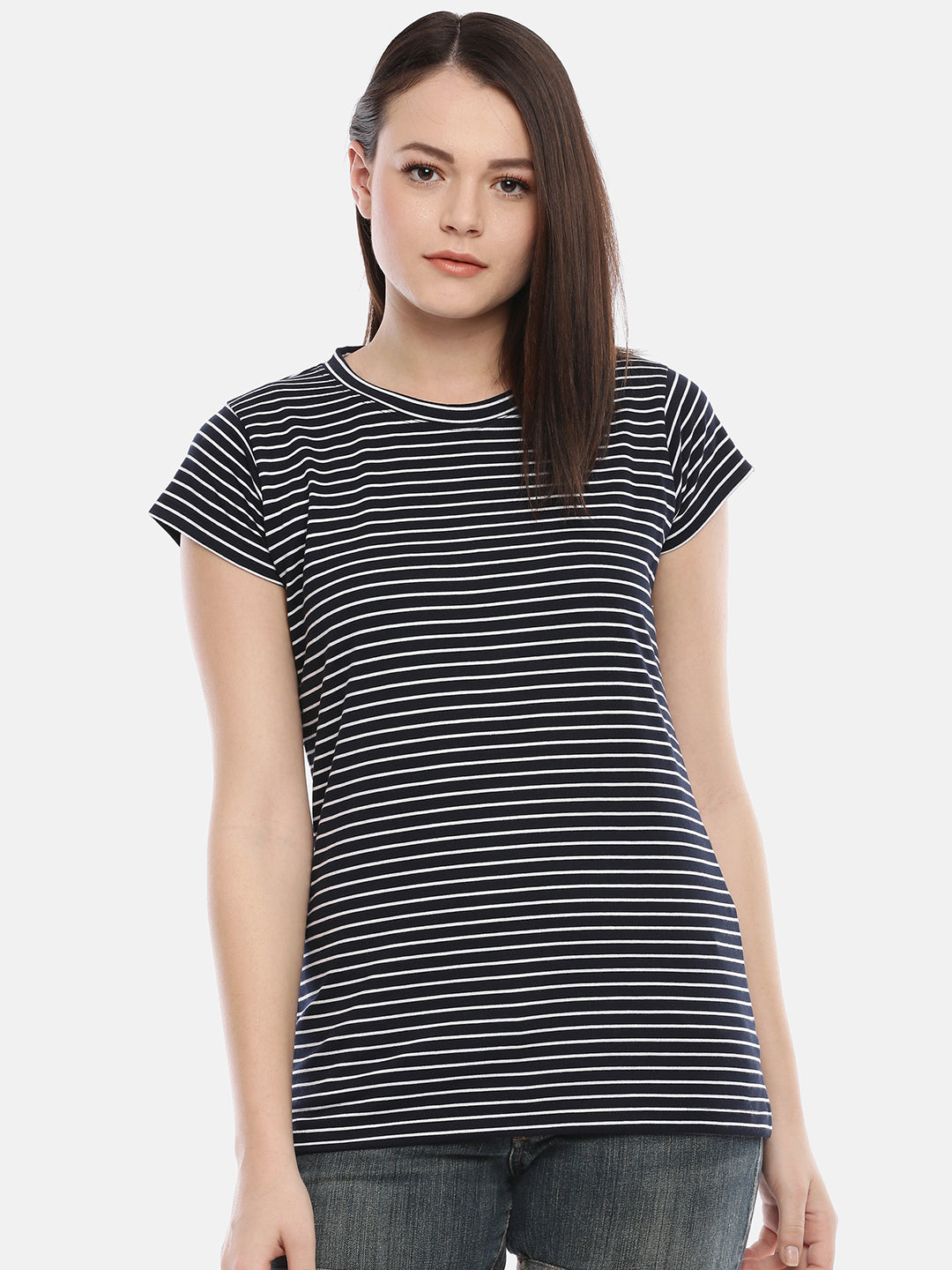 Womens Navy Blue Thin Striped Tees