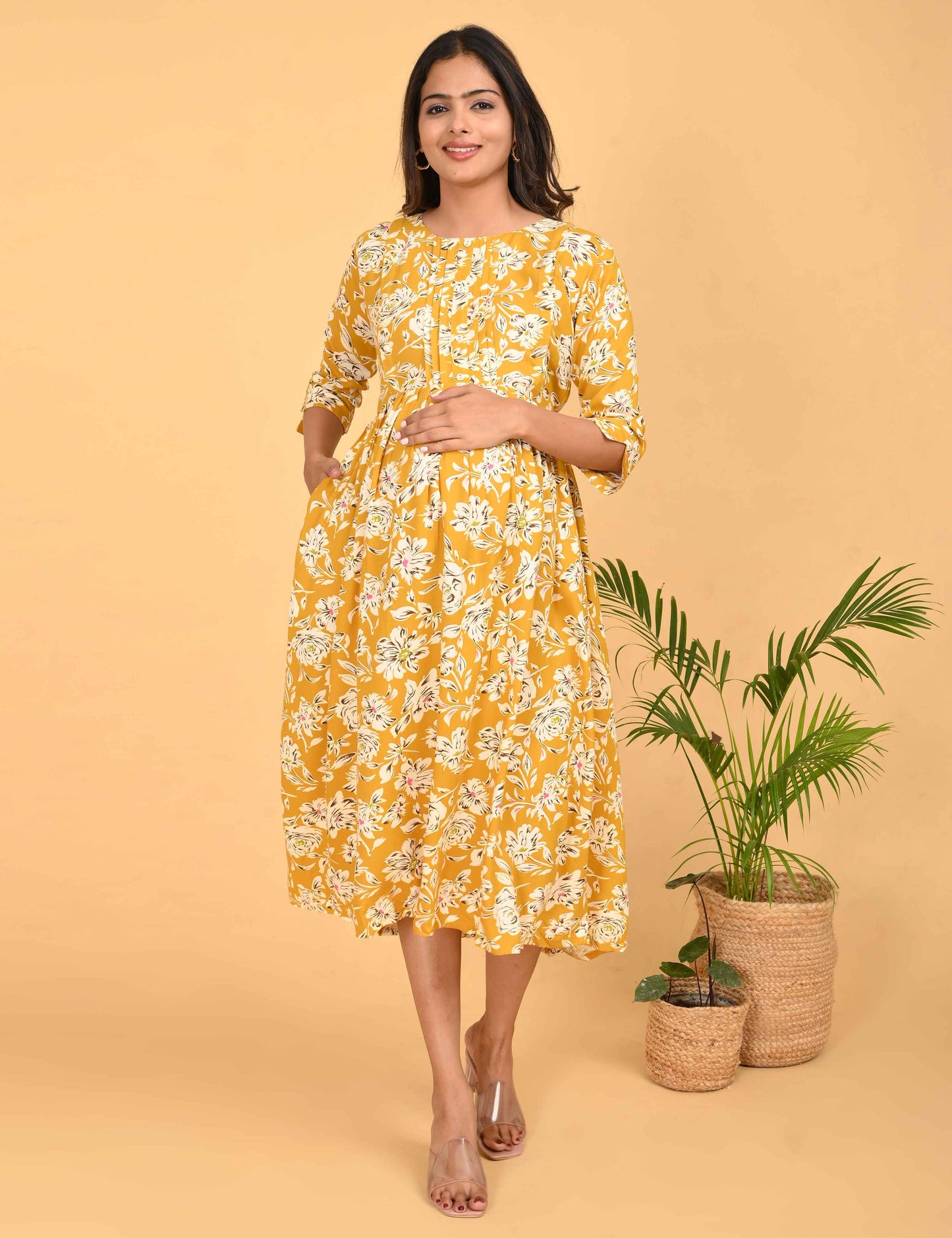 Mustard-Colored Maternity 3/4th Gown