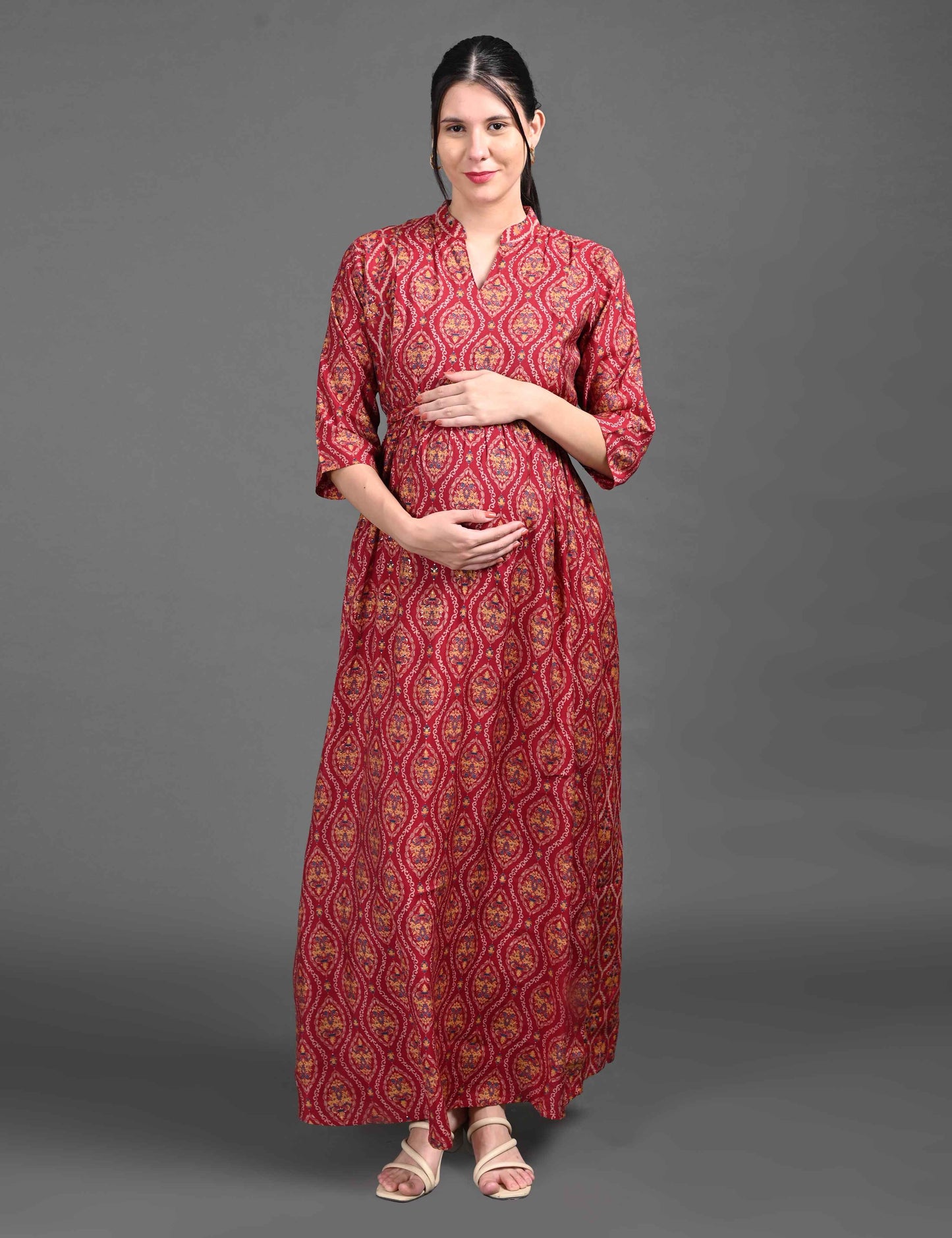 Womens Printed Maternity Long Gown - Red