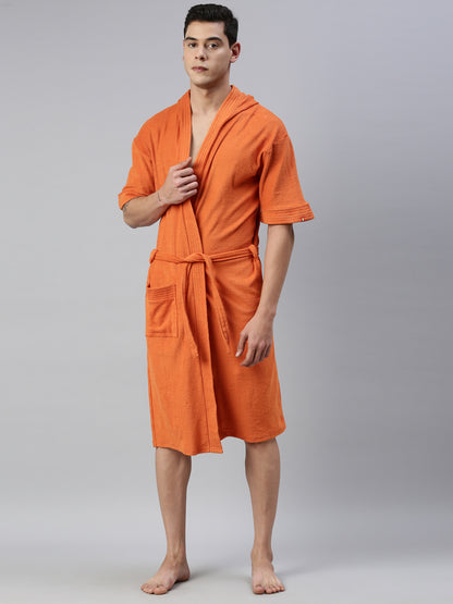 Mens Solid Hooded Bathrobe - Rust