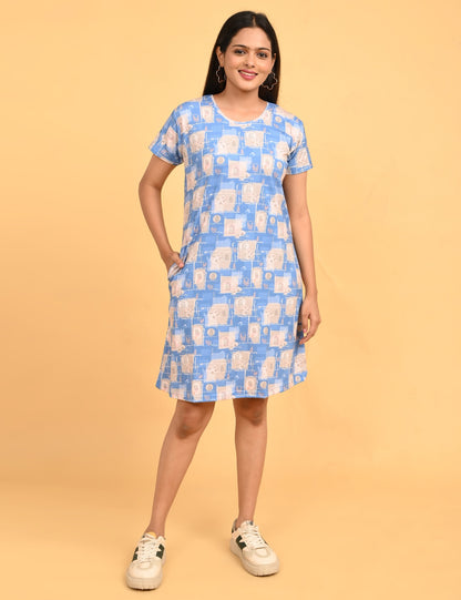 Pastel Blue-Colored Printed Short Nighty