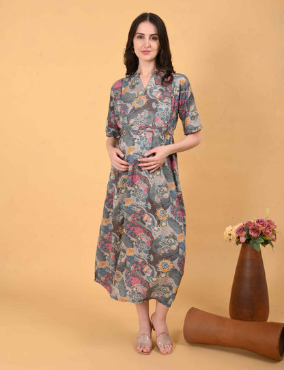 Grey-Colored Maternity 3/4th Gown