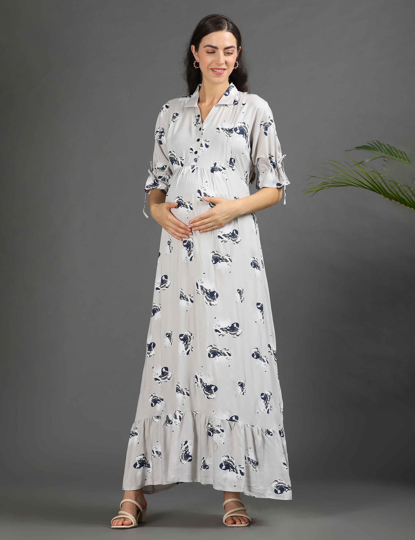 Grey-Colored Maternity Long Gown