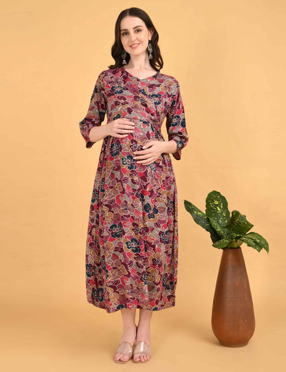 Wine-Colored Maternity 3/4th Gown