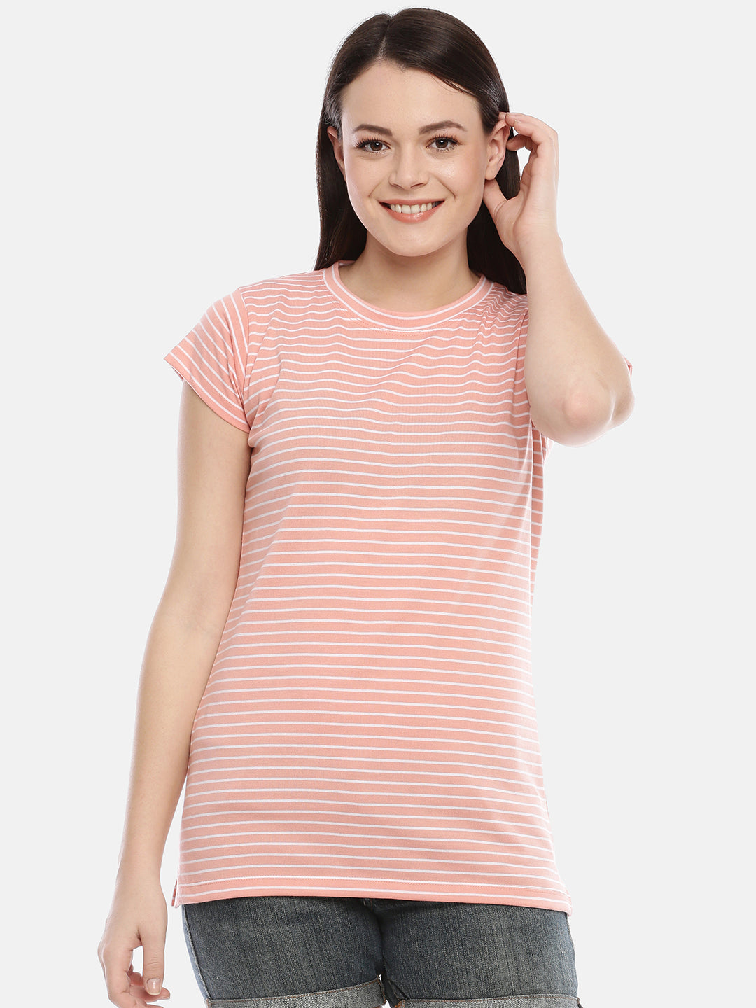 Womens Peach Thin Striped Tees