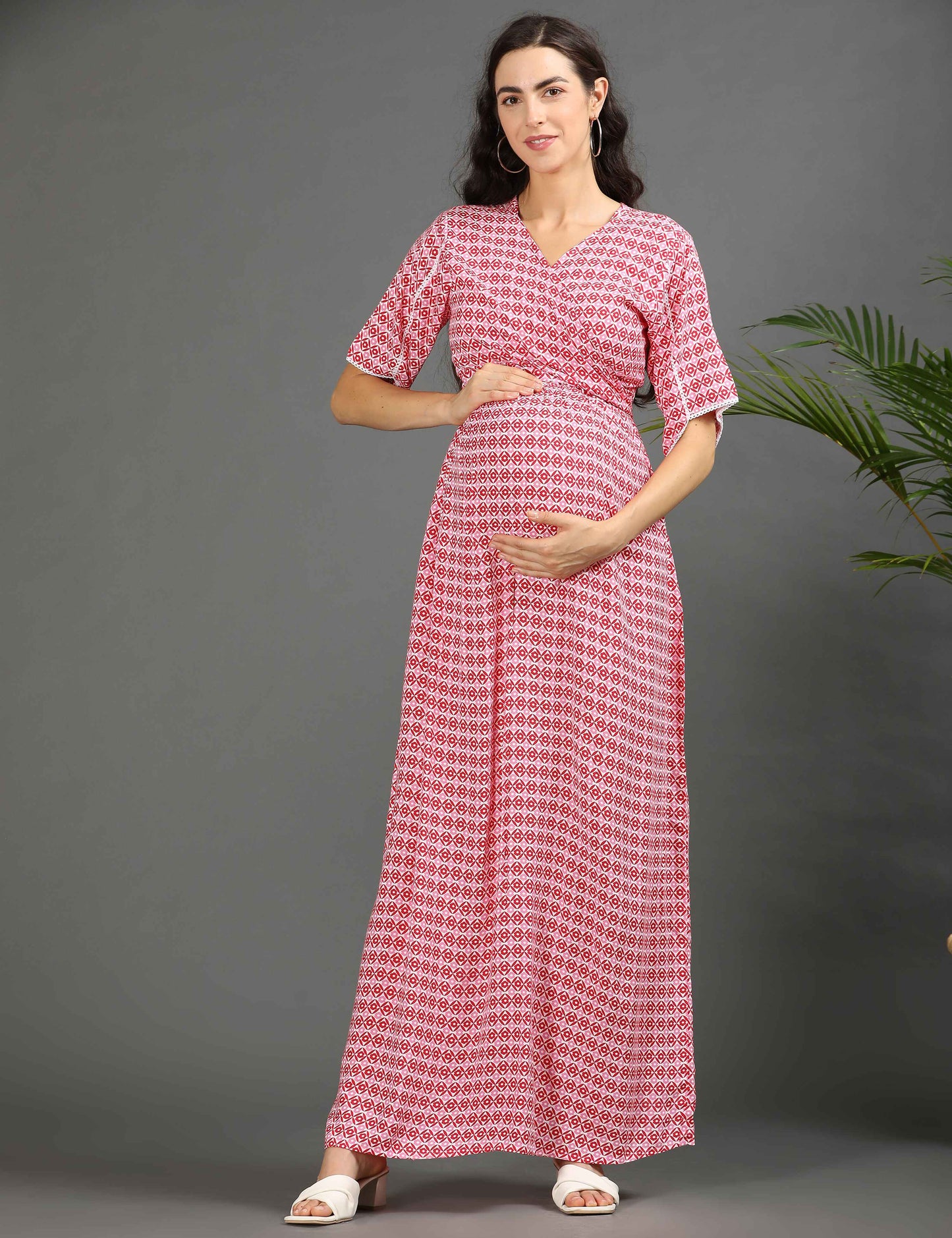 Pink-Colored Maternity Long Gown