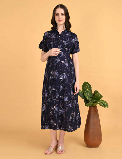 Navy-Colored Maternity 3/4th Gown