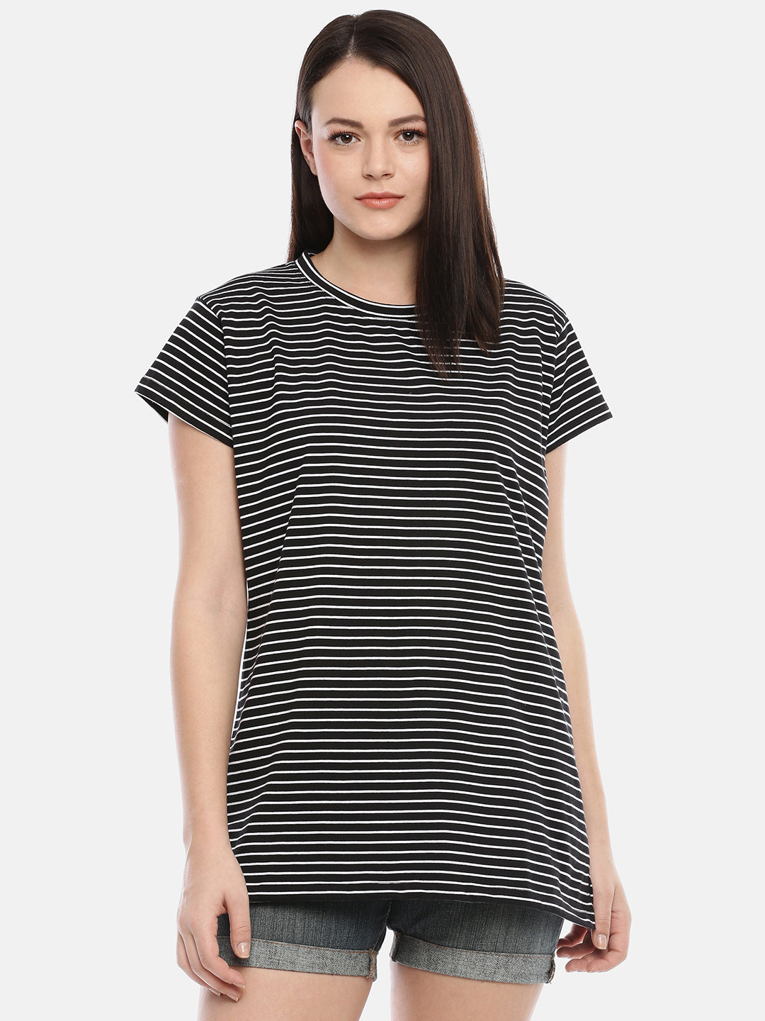 Womens Black Thin Striped Tees