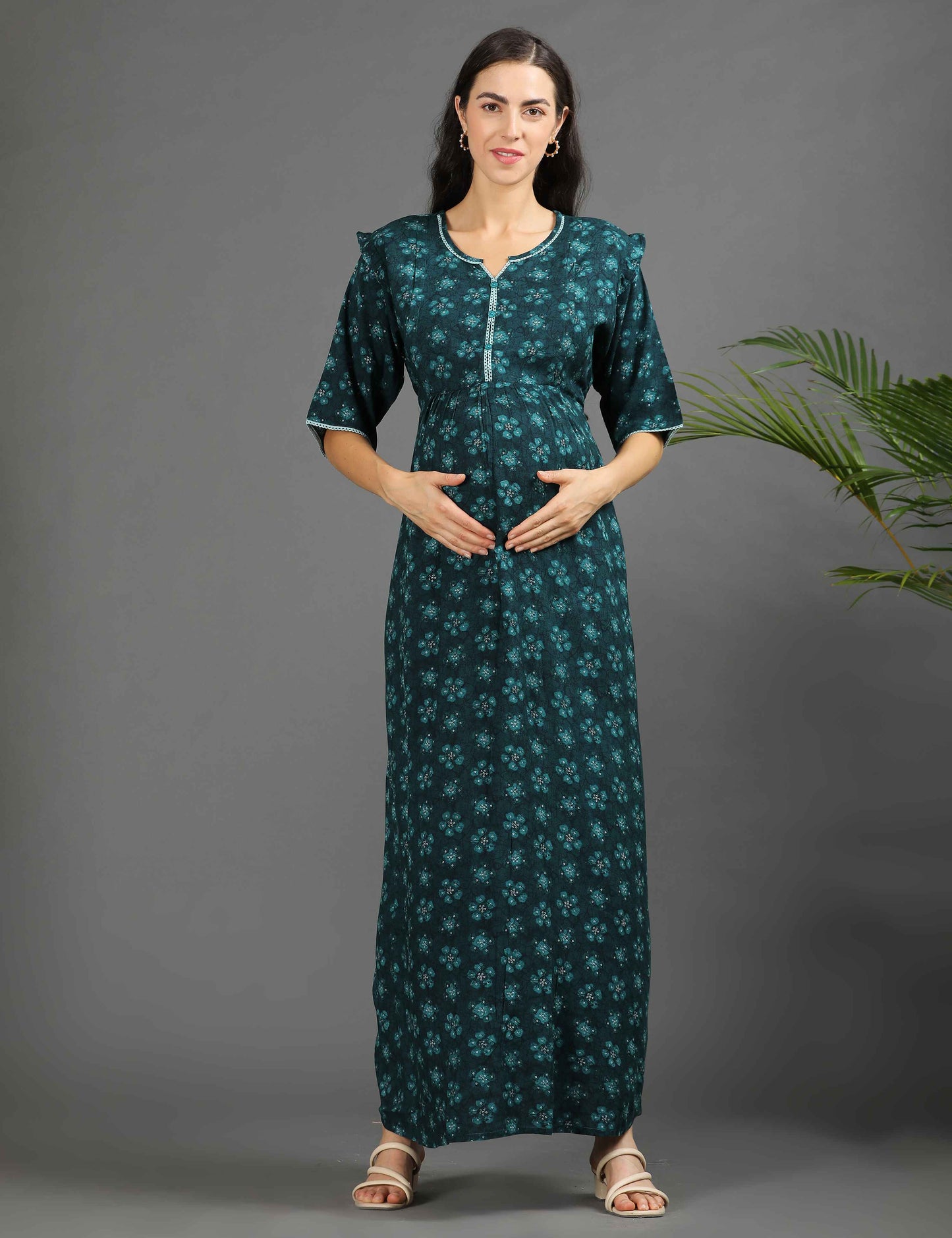 Green-Colored Maternity Long Gown