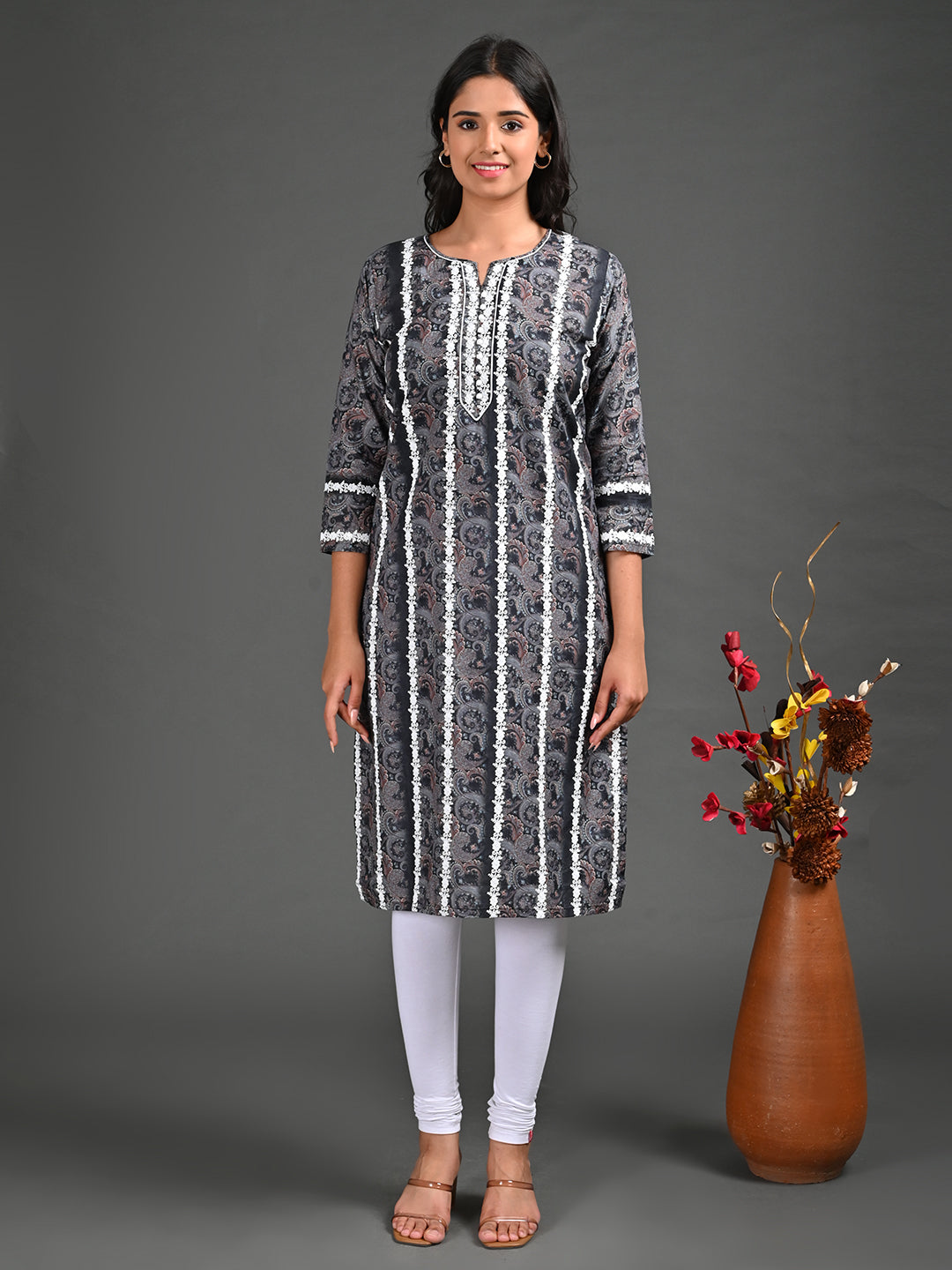 Womens Black-Colored Straight Kurta