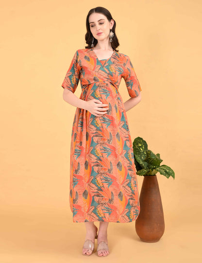 Orange-Colored Maternity 3/4th Gown