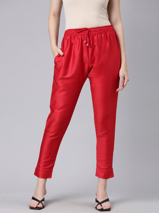 Womens Cotton Satin Pant - Red