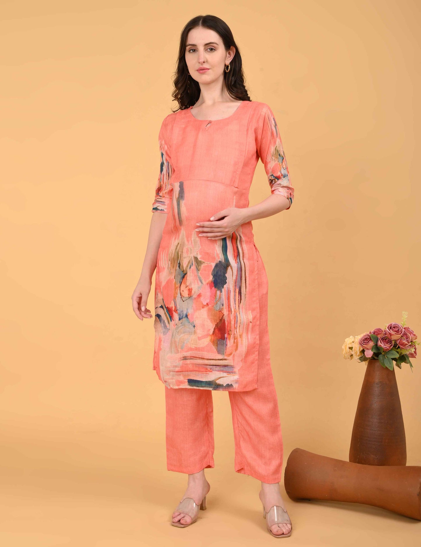 Womens Maternity Kurti Pant Set - Peach