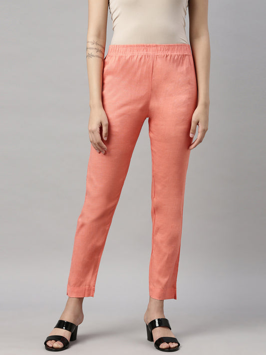 Womens Stretchable Solid Cigar Pant - L.Peach