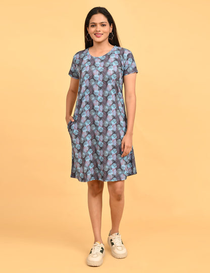Charcoal-Colored Printed Short Nighty