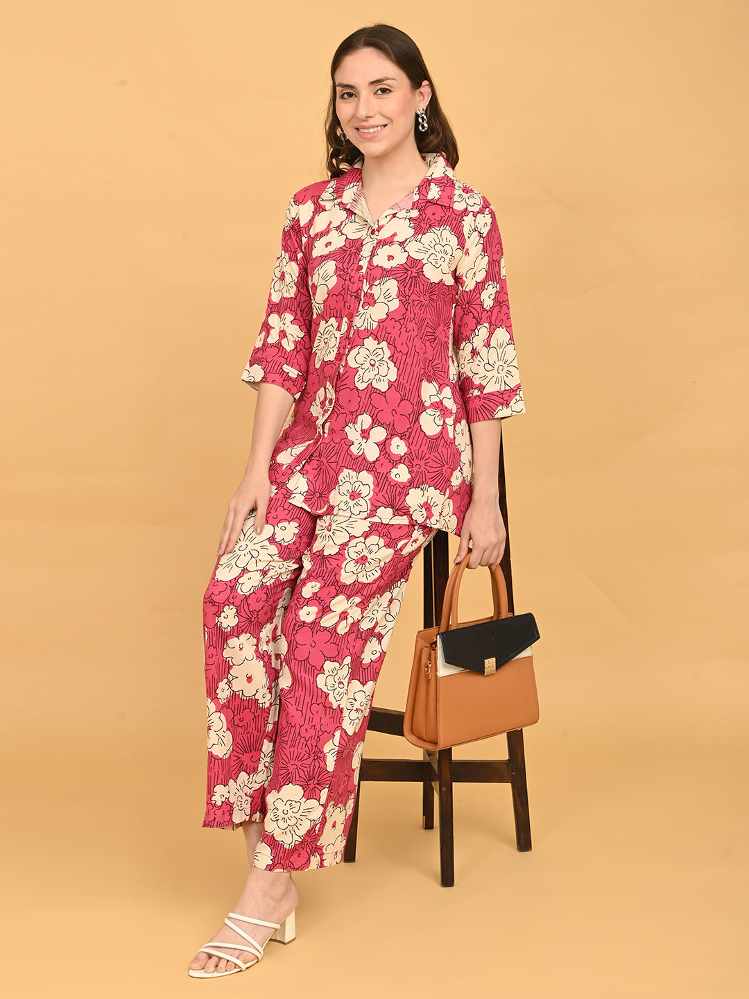 Fuchsia-Colored Printed Co-Ord Set