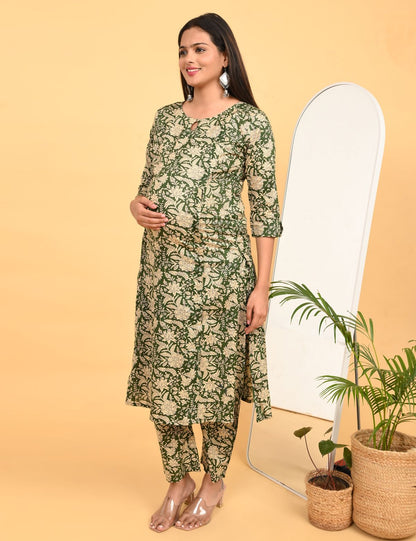Womens Maternity Kurti Pant Set - Olive