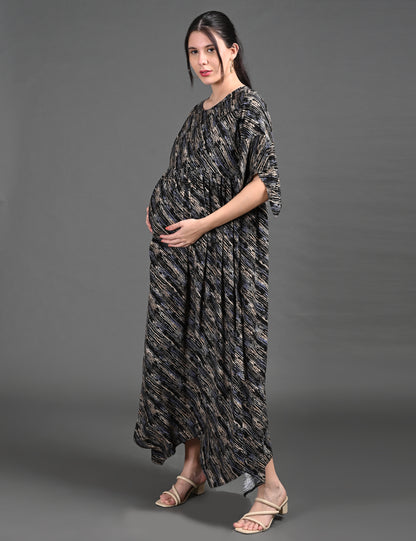 Womens Printed Maternity Long Gown - Black