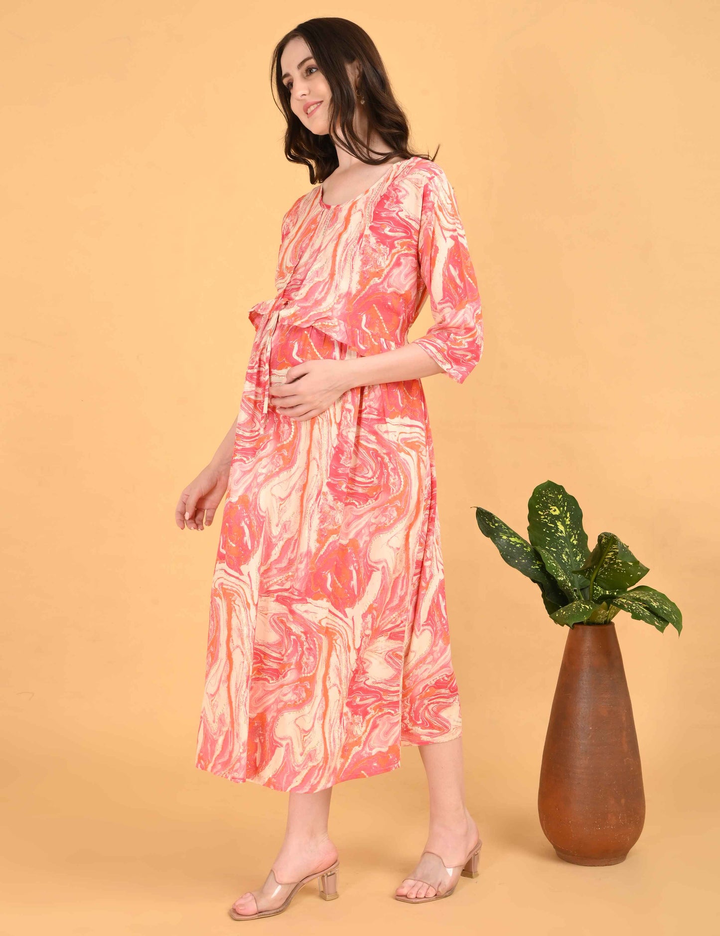 Peach-Colored Maternity 3/4th Gown