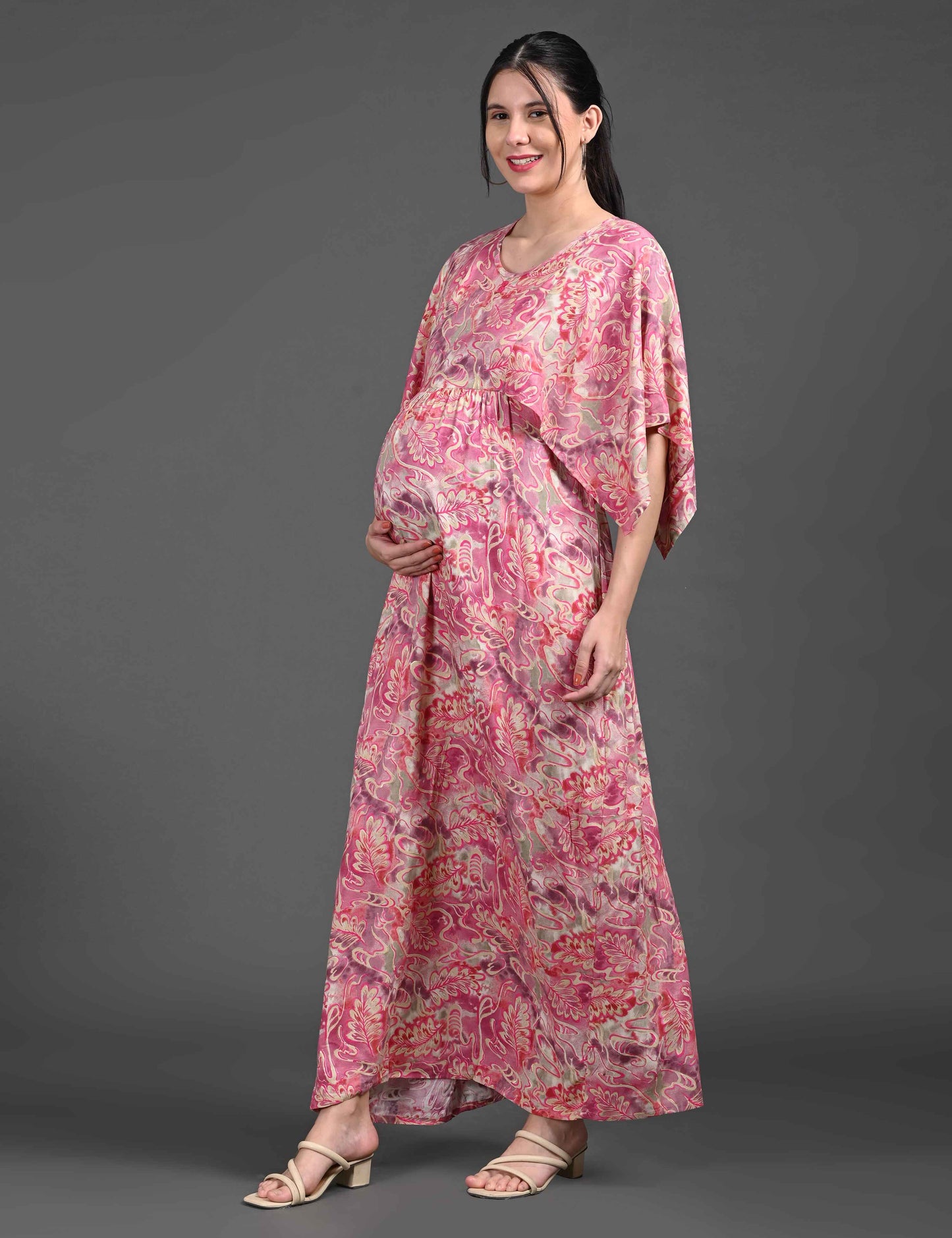 Womens Printed Maternity Long Gown - Pink