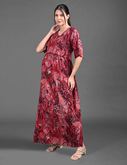 Womens Printed Maternity Long Gown - Maroon