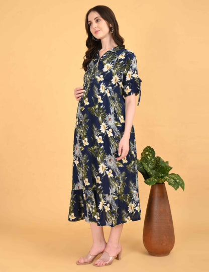 Navy Blue-Colored Maternity 3/4th Gown