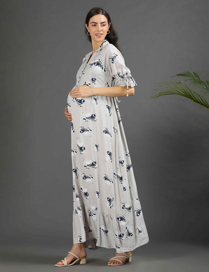 Grey-Colored Maternity Long Gown