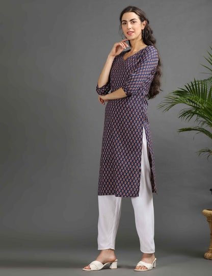 Womens Navy-Colored Printed Feeding Kurta