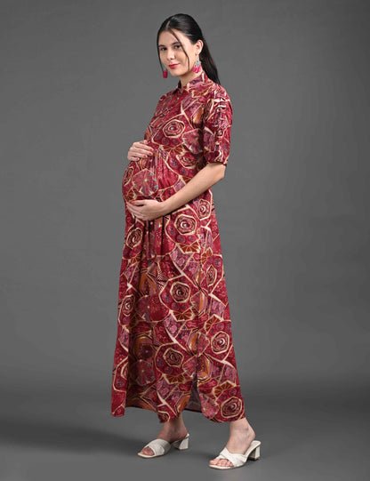 Womens Printed Maternity Long Gown - Red