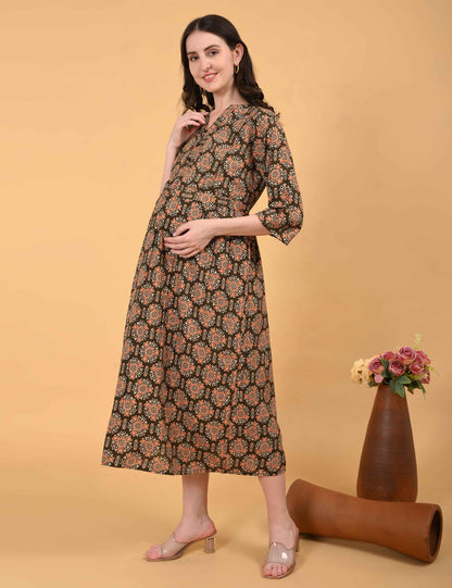 Khaki-Colored Maternity 3/4th Gown
