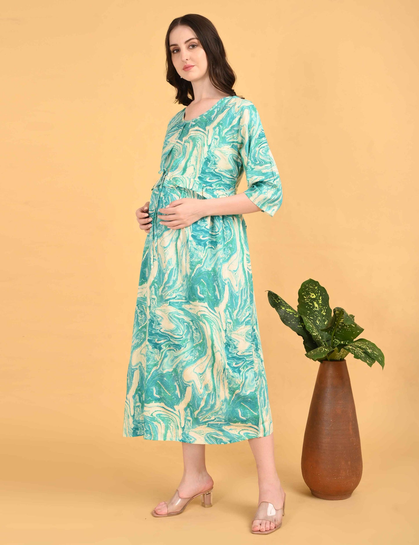 Sea Green-Colored Maternity 3/4th Gown