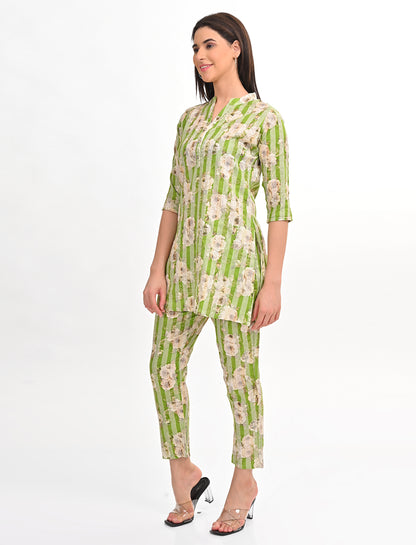 Green-Colored Printed Long Top Co Ord Set